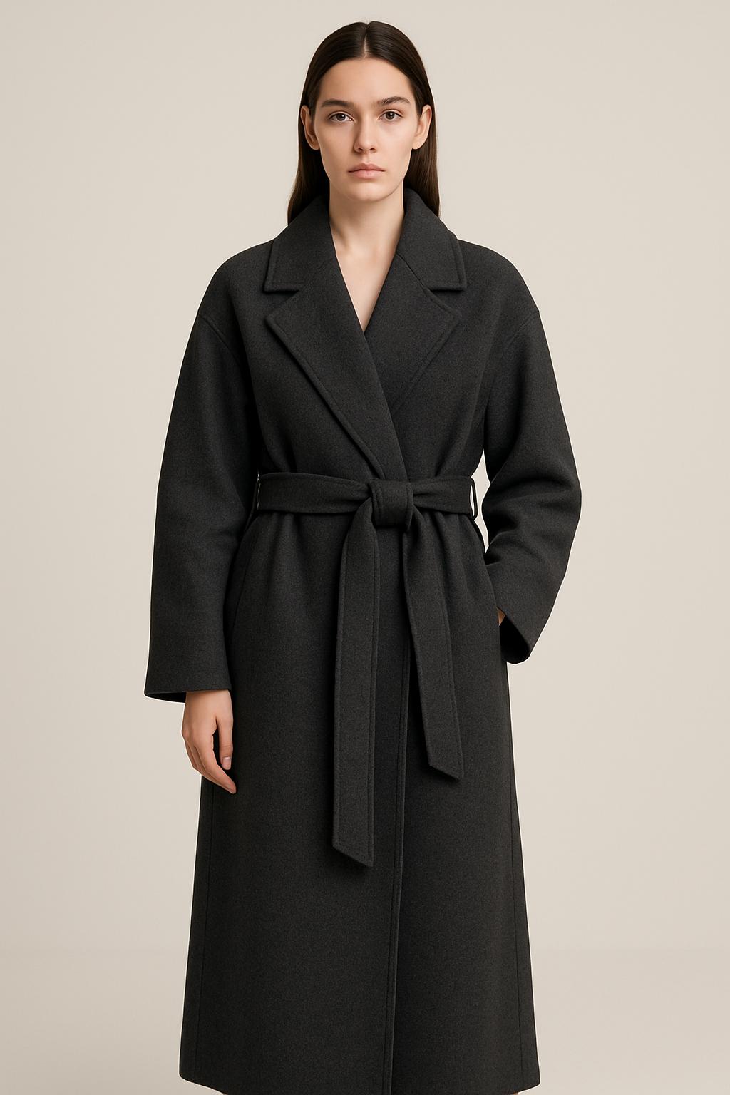 Long Wool Wrap Coat in Charcoal Grey