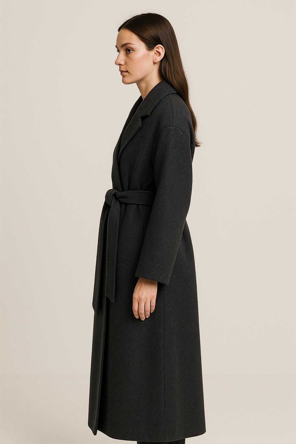 Long Wool Wrap Coat in Charcoal Grey