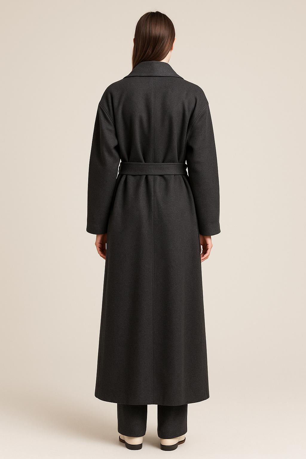 Long Wool Wrap Coat in Charcoal Grey