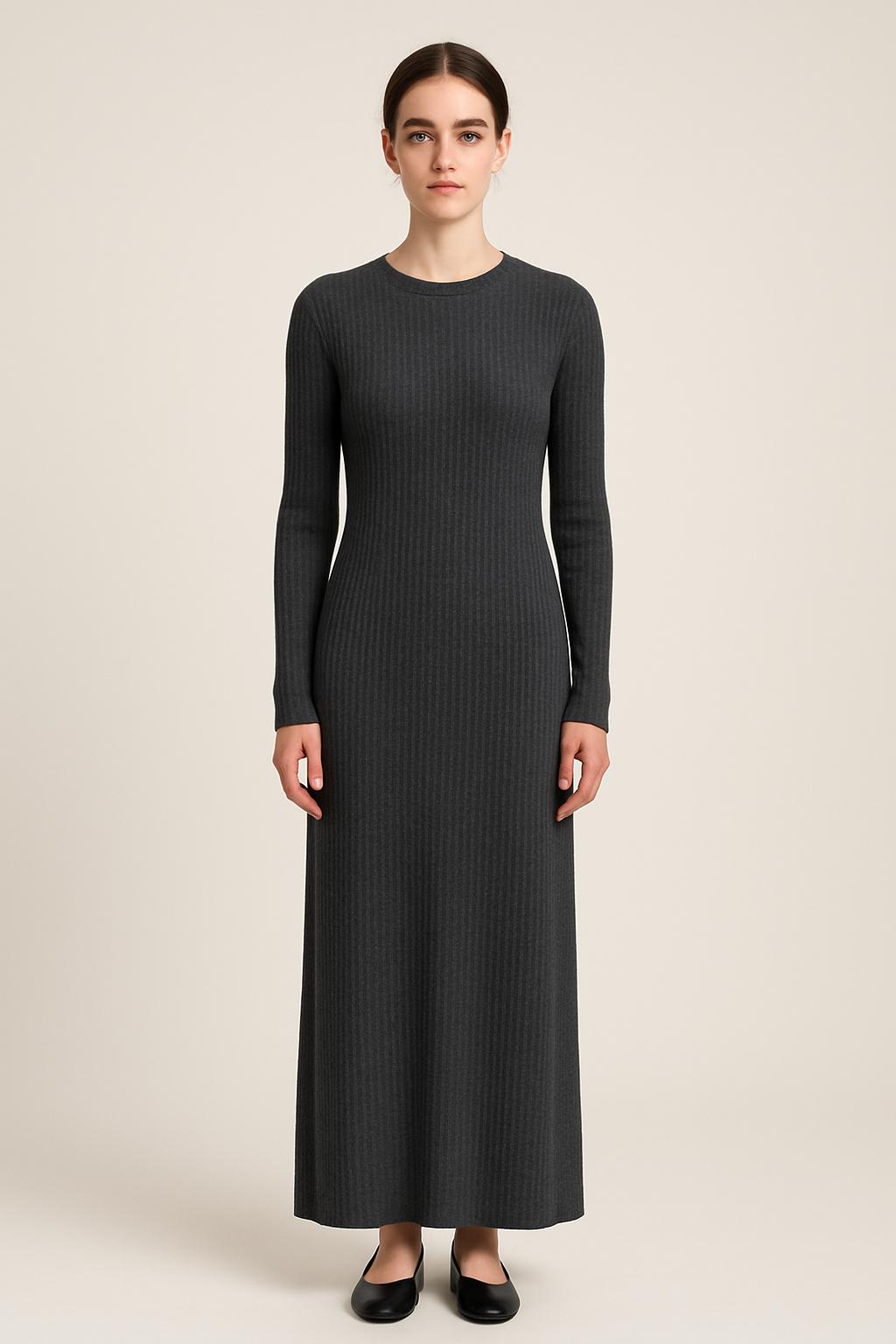Ribbed Knit Long Dress in Charcoal Grey