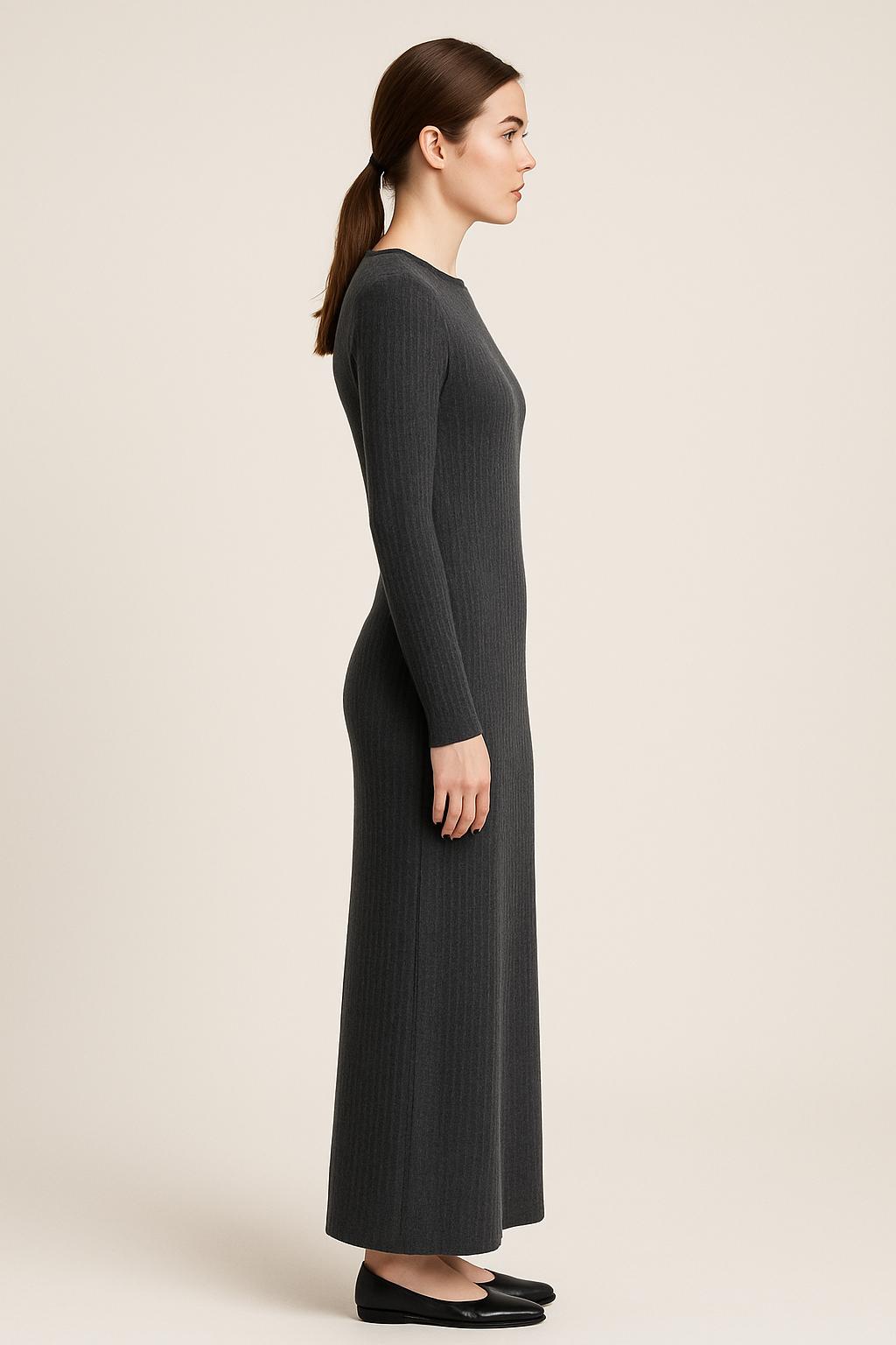 Ribbed Knit Long Dress in Charcoal Grey