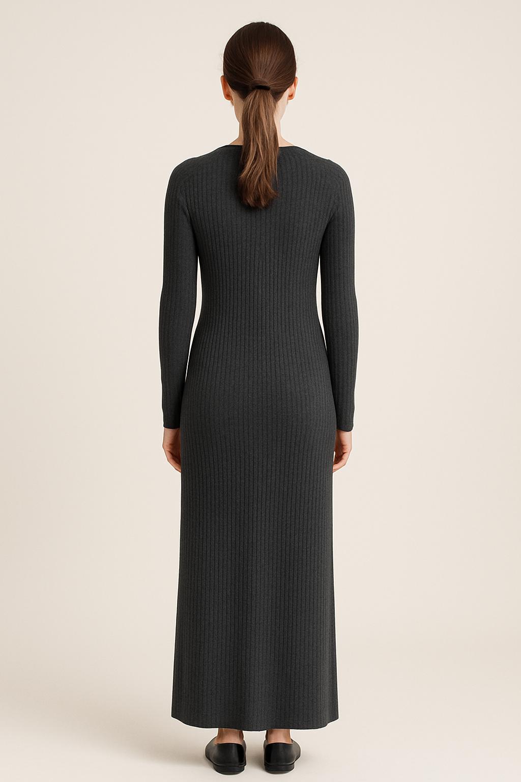 Ribbed Knit Long Dress in Charcoal Grey