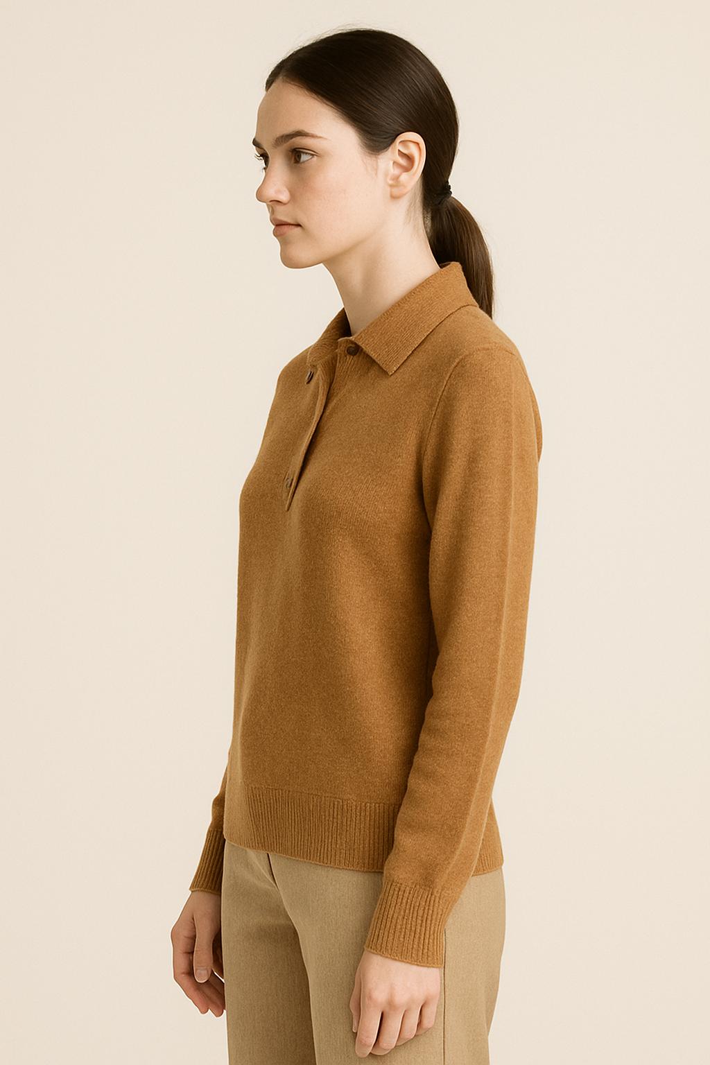 Knitted Polo Sweater in Camel